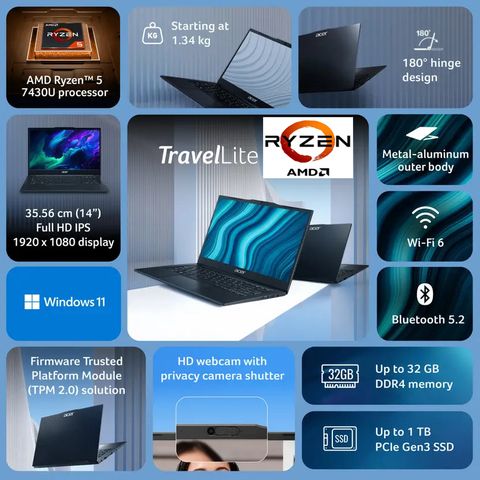 Acer 3 Years Warranty TravelLite (2026) AMD Ryzen 5 Hexa Core 7430U - (8 GB/512 GB SSD/Windows 11 Home) TL04-41M Thin and Light Laptop (14 inch, Black, 1.4 kg, With MS Office) - Image 7