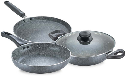 Prestige Omega Grey Granite Festival Pack BYK Set(Kadai With Lid, Omni  Tawa, Fry Pan) Induction Bottom Non-Stick Coated Cookware Set