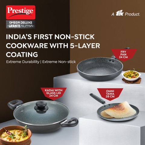 Prestige Omega Deluxe Granite Alpha 3Pcs BYK-Kadai 24cm Glass Lid+Tawa  28cm+Fry Pan 24cm Induction Bottom Non-Stick Coated Cookware Set