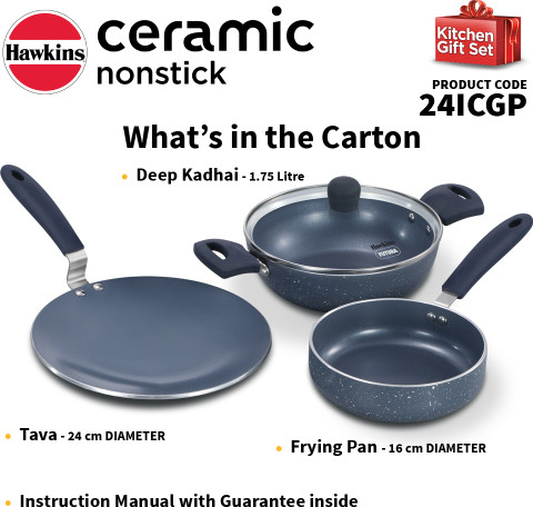 Hawkins Ceramic Nonstick 3-Piece Kitchen Gift Set Kadhai, Frying