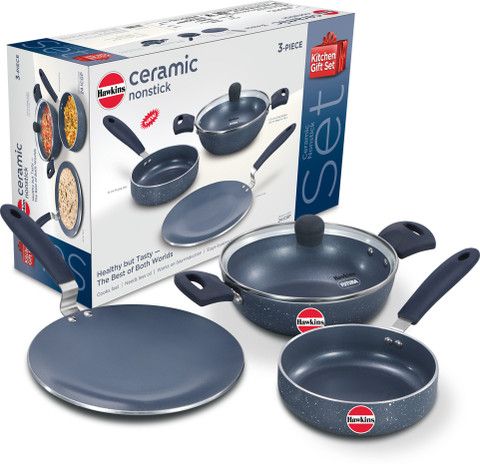 Hawkins Ceramic Nonstick 3-Piece Kitchen Gift Set Kadhai, Frying