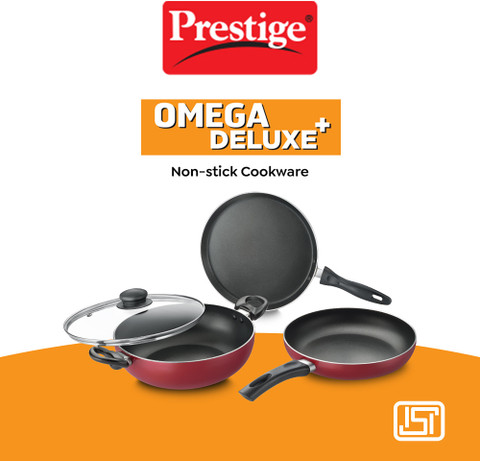 Prestige Omega Deluxe Plus BYK Set of 3-Tawa, Fry Pan Kadai with Glass  Lid Induction Bottom Non-Stick Coated Cookware Set