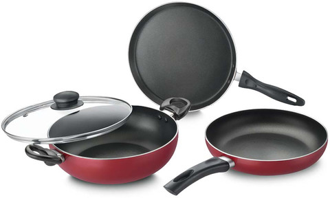 Prestige Omega Deluxe Plus BYK Set of 3-Tawa, Fry Pan Kadai with Glass  Lid Induction Bottom Non-Stick Coated Cookware Set