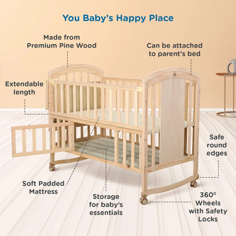 MeeMee Wooden Crib Extendable Swinging Bed, Soft Mattress for 0-3 Years  Baby Cot