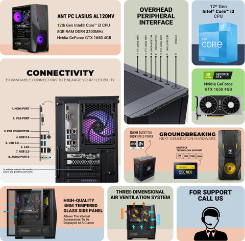 ANT PC LASIUS AL120NV Intel i3 12100F (8 GB RAM/Nvidia GTX 1650 4GB  Graphics/256 GB SSD Capacity/No OS/4 GB Graphics Memory) Gaming Tower