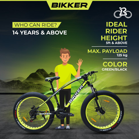 BIKKER Fat Tyre Cycle for Men with Dual Disc Brake, Front Suspension (-) 26  T (inch) Fat Tyre Cycle