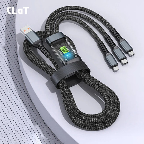CLAT 3-in-1 Cable m Multi Charging Cable USB 100W USB C Fast Charger  Cable with LED Display Nylon Braided Cord 3-in-1 USB to Type  C/Micro/Lightning