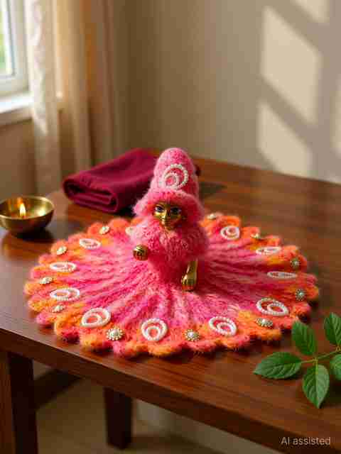 ShreeVastra Handmade Crochet Laddu Gopal Woolen Dress with Decorative Pearl Work Size 3 Dress Price in India