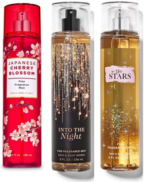 Bath and Body Works JAPANESE CHERRY BLOSSOM,INTO THE NIGHT,IN THE STAR BODY  MIST PACK OF Body Spray For Women