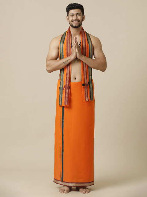 Ramraj Cotton Single Layer Orange with Mayilkhan Border Devotional