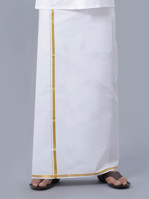 Ramraj Cotton Double layer White with 1/2 inch Gold Jari Border