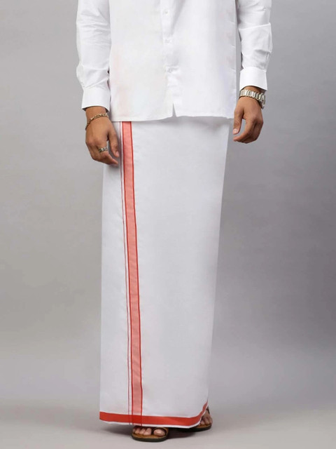 Ramraj Cotton Single Layer White with pink Fancy Border Solid Men