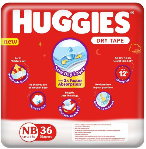 Huggies Dry Tape Up to 2x Faster Absorption Up to 12 Hours Overnight  Absorption New Born