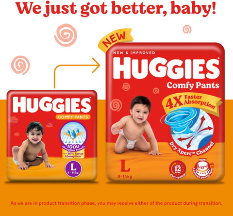 Huggies Comfy Baby Diaper Pants, Upto 50% Faster Absorption L