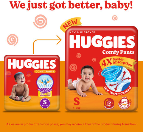Huggies Comfy Baby Diaper Pants, Upto 50% Faster Absorption S
