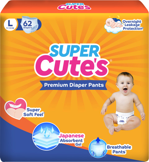 Super Cute's Premium Baby Diapers, Soft and Rash Free, Overnight Leakage  Protection L
