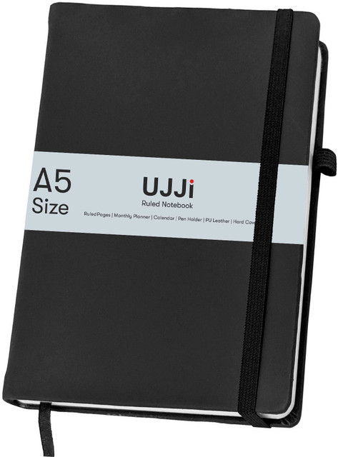 UJJi Black Colour Notebook in PU Leather with Elastic Closure and