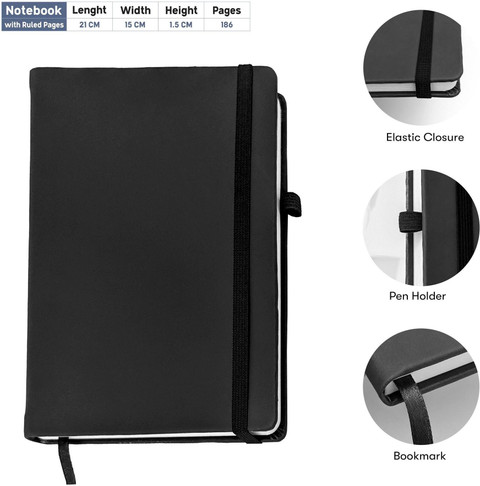 UJJi Black Colour Notebook in PU Leather with Elastic Closure and