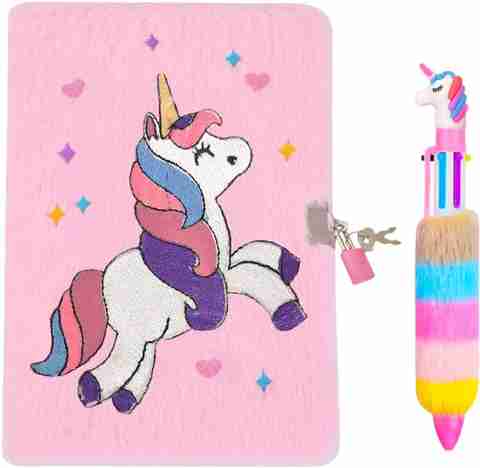 Le Delite unicorn fur lock key diary pink plush secret journal notebook  Book-size Diary ruled 100 Pages