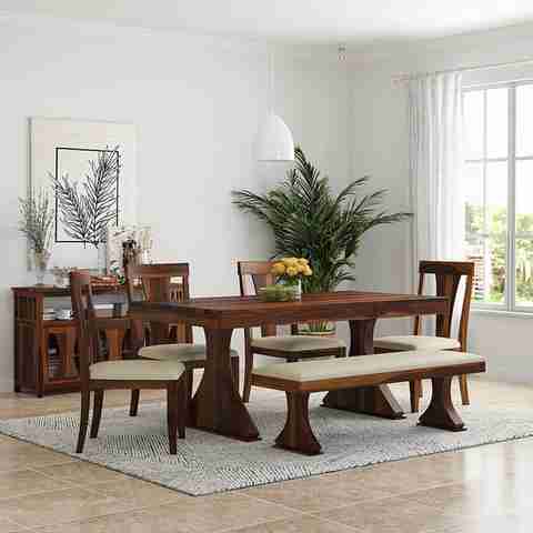 WOODSTAGE Sheesham Wood 6 Seater Dining Table with 4 Cushion Chairs & 1 ...