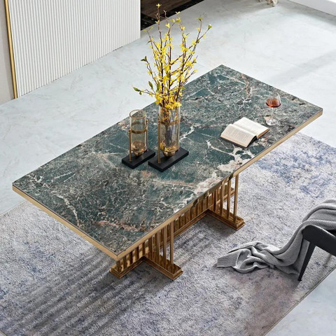 NG Decor Modern Rectangular Glossy Sintered Stone Dining Table Gold ...