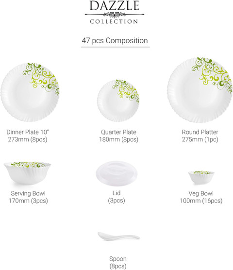 cello Pack of 47 Opalware Dazzle Oleander Crockery Green Dinner