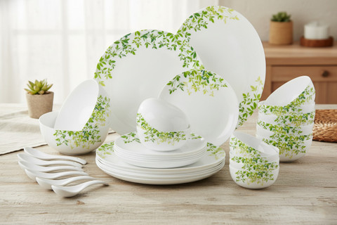 cello Pack of 33 Opalware Royale Green Orchard Dinner Set of 33