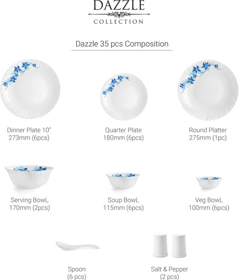 cello Pack of 35 Opalware Blue Swirl Dazzle Dinner Set