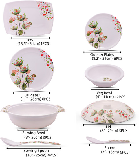 Home-pro Pack of 40 Melamin Dinner set Everyday Elegant, Stain Resistant,  Beautiful Green Red Unique Design Dinner Set