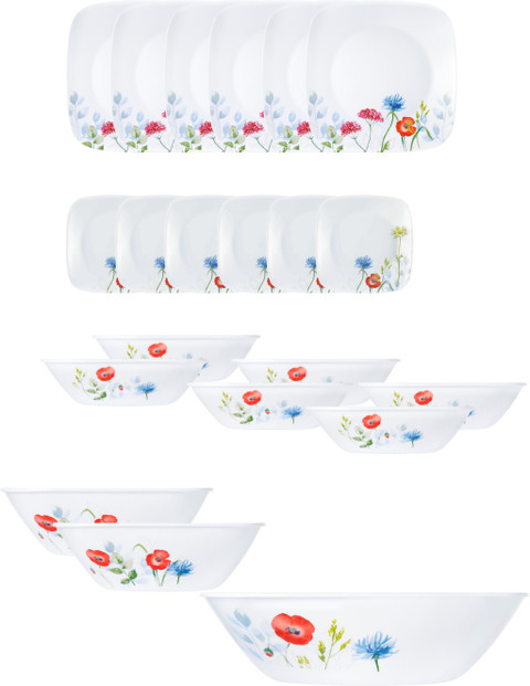 CORELLE Pack of 21 Glass Square Round Daisy Field Dinner Set