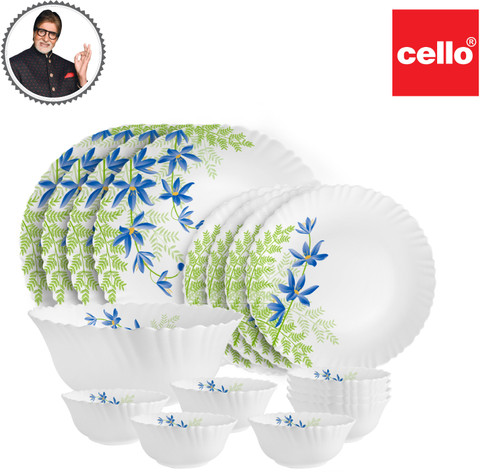 cello Pack of 17 Opalware Dazzle Series Blue Primrose Crockery Set