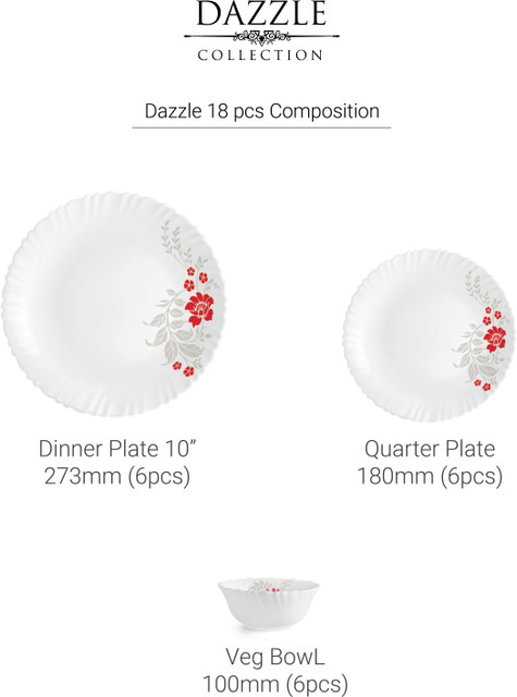 cello Pack of 18 Opalware Dazzle 18pcs Dinner Set -Scarlet Bliss Dinner Set - Main Image