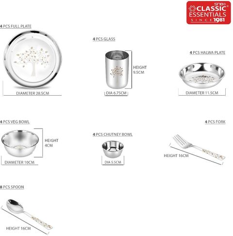 Classic Essentials Pack of 32 Stainless Steel Dinner Set|Serves 4 People|Heavy Gauge|Kitchen Set|Permanent Laser-Vriksha Dinner Set (Silver) - Image 4
