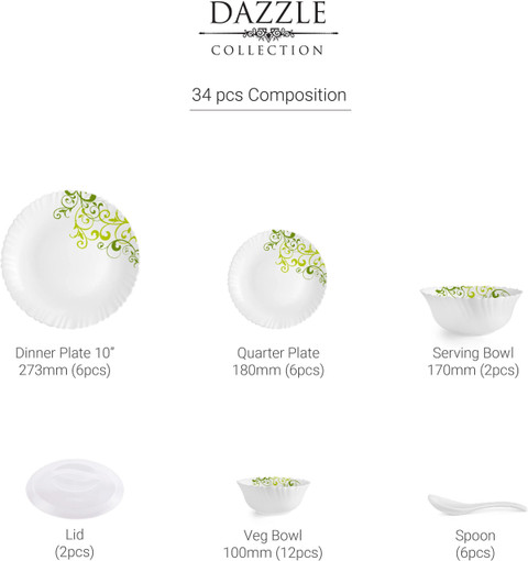 cello Pack of 34 Opalware Dazzle Oleander|Crockery Set | Dinner