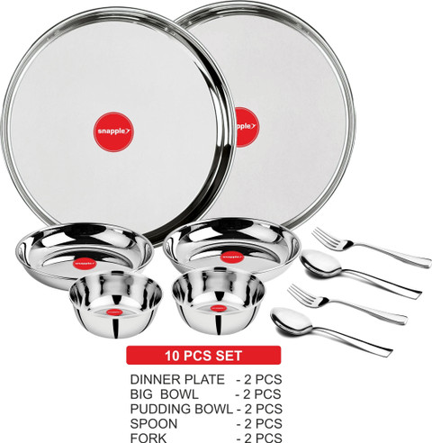 Snapple Pack of 10 Stainless Steel Dinner Set Heavy Guage Dinner Plate  Halwa Plate Katori Spoon Dinner Set - Main Image
