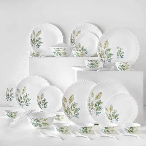 Larah by Borosil Pack of 34 Opalware Galaxy Fauna Crockey for Dining  Gifting, Plate Bowl Dinner Set
