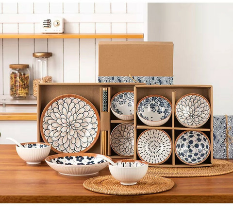 HENIJ Pack of Ceramic Ceramic Rice Bowl with Gift Box, Blue and White  Pattern Bowls Set Dinner Set