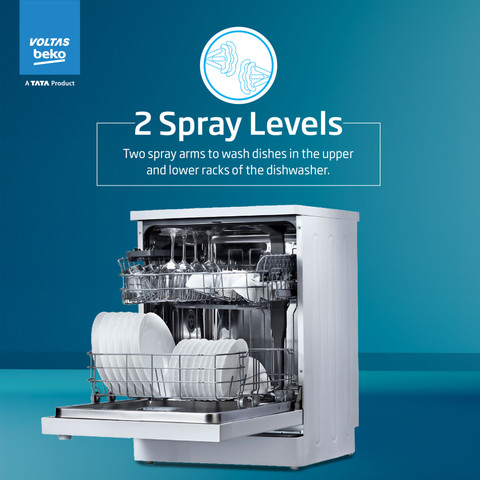 Voltas Beko by A TATA Product DF14W Free Standing 14 Place Settings  Intensive Kadhai Cleaning| No Pre-rinse Required Dishwasher