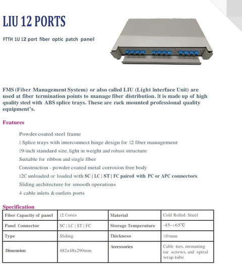 RAMEX FTTH Pigtail Loaded Fiber Patch Panel 12 Port Fiber FDMS SC