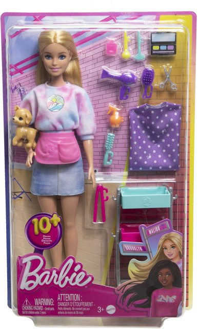 BARBIE Malibu Stylist Doll Playset, Hair Makeup Theme with Puppy  Styling Cart
