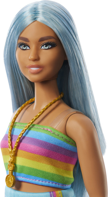 BARBIE Fashionistas Doll #218 with Long Blue Hair, Rainbow Top Teal Skirt