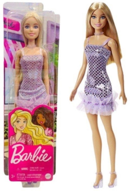 BARBIE Doll, Blonde Hair, Lavender Metallic Mini Dress, Gifts for Kid