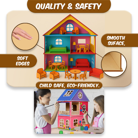 Clapjoy Wooden Doll House with Furniture for kids of Age 3+ Years