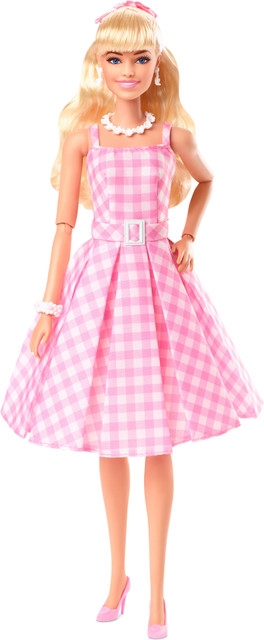 BARBIE The Movie Doll Wearing Pink and White Gingham Dress with