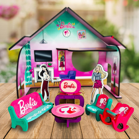 BARBIE Mini Doll House for Girls and Boys DIY Paint Wooden Dollhouse Toy  with Furniture