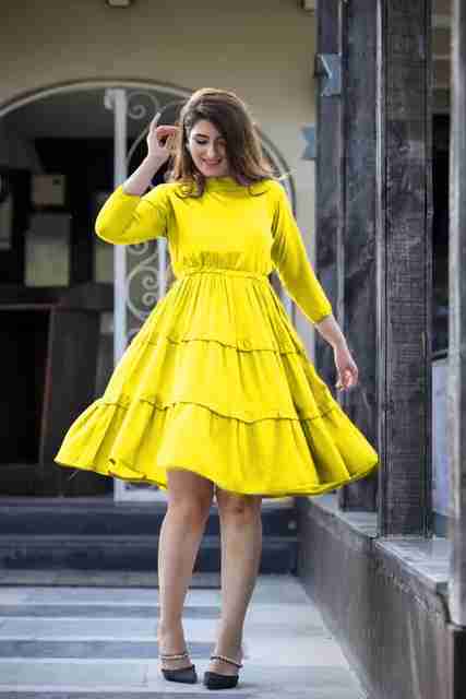 Veena Enterprises Women Fit and Flare Yellow Midi/Calf Length Dress - Buy  Veena Enterprises Women Fit and Flare Yellow Midi/Calf Length Dress Online  at Best Prices in India | Flipkart.com