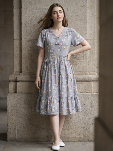 a line dress below knee EASYMOM Women A-line Grey Standard Sizes pink floral Skyline Chic Smocked Denim Apparel Size:2X