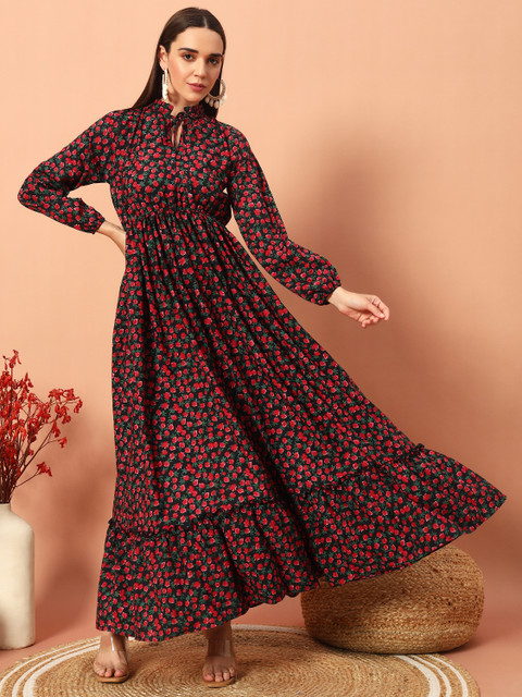 OTABU Women Maxi Black, Red Full Length Dress