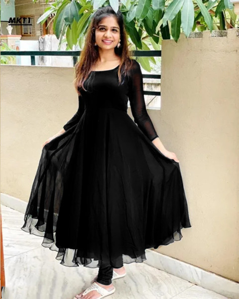 Sleeve Flipkart Black Gown Shivdharakurti Women A-line Black Maxi/Full  Length Dress