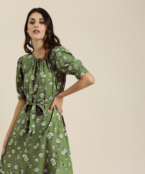 slim fit dress slacks Dark Green Solid Fit and Flare Maxi Dress with Black Sequinned Belt fo main image 1